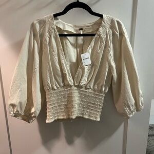 Free People Cream Puff Sleeve Smocked Blouse
